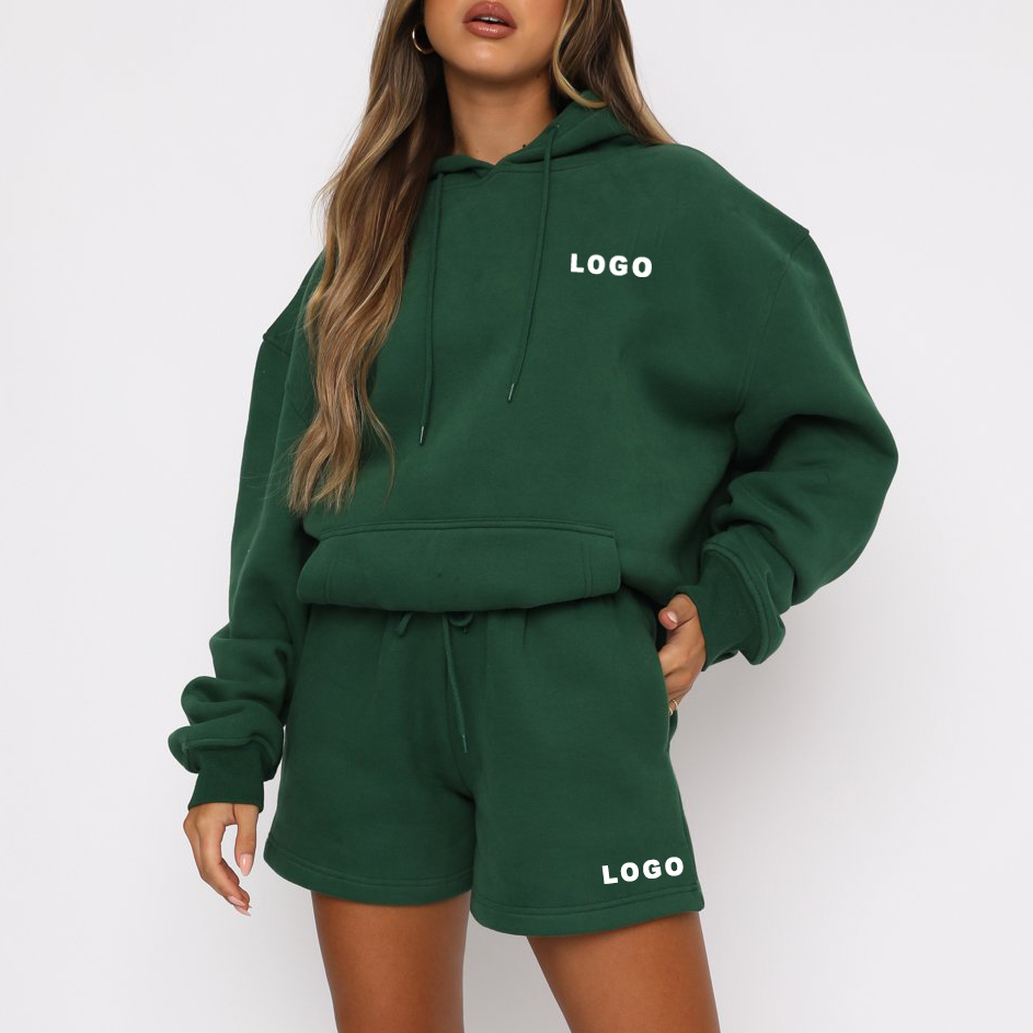 Custom Logo Printed Low Price Two Pieces Hoodie Shorts Set Women Oversize Sporty Hoodie Set Women Clothing 